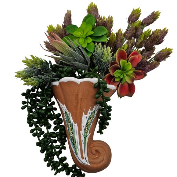 Rustic Vintage Wall Pocket Vase-Cornucopia with Wheat Motif, Perfect Home Accent - Picture 1 of 6